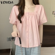 VONDA เสื้อเบลาส์มีกระดุมมีปกสี่เหลี่ยมสำหรับผู้หญิงใส่ในฤดูร้อน (ลายดอกไม้เกาหลี)