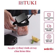 Combo of 3 [New model] Square glass spice jar with handle, self-opening lid, comes with a convenient