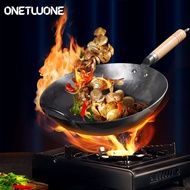 Onetwone iron wok with wooden handle Handmade Iron Pans Wok Chinese Traditional cast Iron Wok Cooking Pot Professional Chef Pan with Wooden Handle Non-coating Gas Cooker Cookware for Restaurant