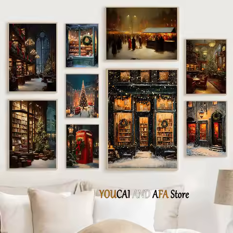 Winter Holiday Christmas Street Vintage Christmas Bookstore Bakery Bar Stores Art Poster Canvas Pain