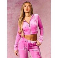 Women Velour Full-Zip Hoodie Cropped Long Sleeve Pink Statement Text Back Print Casual Streetwear