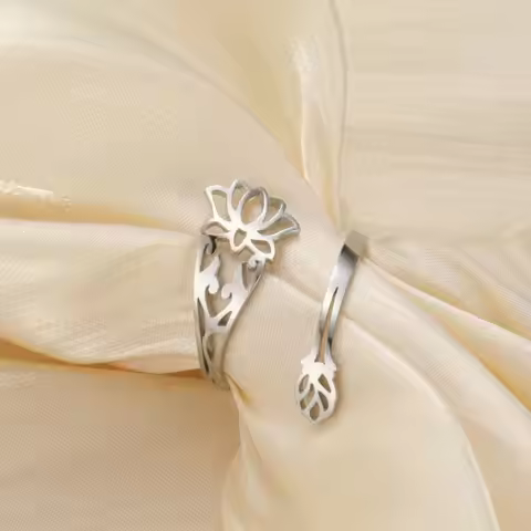 Lucktune Vintage Lotus Flower Open Ring Stainless Steel Women's Finger Rings Buddhism Yoga Flower Sa