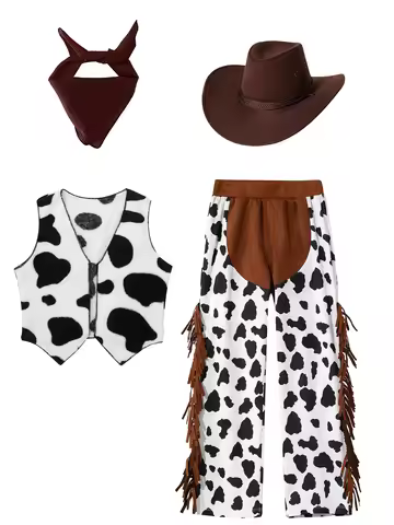 Kids Western Cowboy Costumes Girls Boys Cowboy Outfit Chaps Pants with Vest and Bandanna Hat Cowgirl