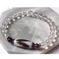 Tibetan Tiger Teeth Dzi Beads with Clear Quartz藏传至纯虎牙天珠配白水晶手串 28.8x10.3mm