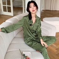 Green Striped Pajamas Women's Ice Silk Home Clothes Suit Simple Sleepwear