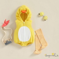 B930G-Baby Girls Casual Hooded Romper Sleeveless Zip Up Animal Chick Romper with Striped Socks