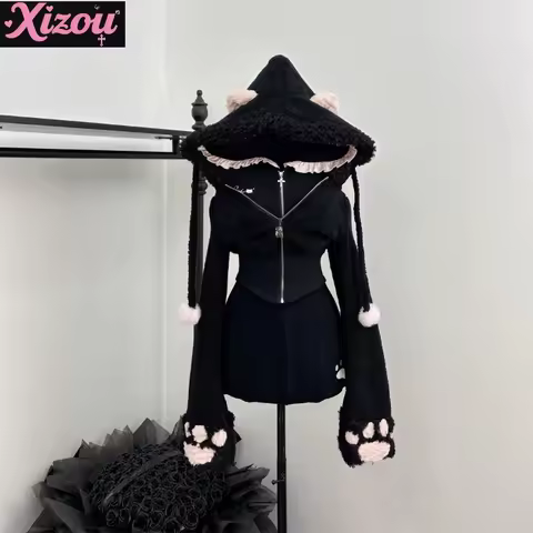 Kawaii Japanese Sweet Lolita Lambswool Coat 2 Piece Cos Set Women Gothic Dark Cat Ears Hooded Jacket