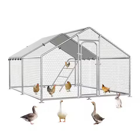 Large Metal Chicken Coop with Roost Perch & Waterproof UV Cover, Outdoor Walk-in Poultry Cage 10'x13