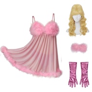 Austin Powers Fembot Cosplay Costume Skirt Gloves Panties Pink Sexy Mini Women Feather Suspender