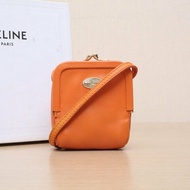 CELINE 橘色羊皮中古零錢包斜挎包肩背包