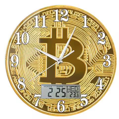 Bitcoin Symbol Printed Wall Clock with LCD Display Golden Coin Cryptocurrency Decor Silent Clock Per