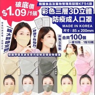 韓國製口罩三層KF94防疫成人口罩  （非獨立包裝) (1組100個口罩) 一套10包 ，1包10個 合共100個口罩