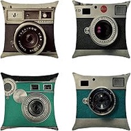 Cushion Covers, 65x65cm Set of 4, Cartoon Camera Soft Velvet Throw Pillow Cases 26x26in, Square Sofa Cushion Cover with Invisible Zipper for Couch Bed Car Bedroom Home Decor