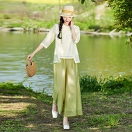 Fu Huanger high-end Chinese style suit Zen Chinese style modified top retro wide-leg pants two-piece