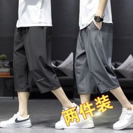 夏季冰絲七分褲男裝 薄款直筒闊腿運動褲 透氣垂感大碼短褲- K72七分褲 黑色 M