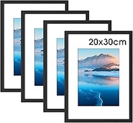 Picture Frame 20 x 30 cm Pack of 4 Black Wooden Frame 20 x 30 cm, 7.9 x 5.9 Inch Photo Frame, Wall M