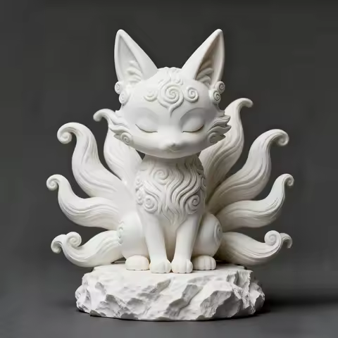 (8*6.8cm) 3D Print Elegrant Nine-Tailed Sweet Fox Desk Figurine With Base Cute Mythical Kitsune Home