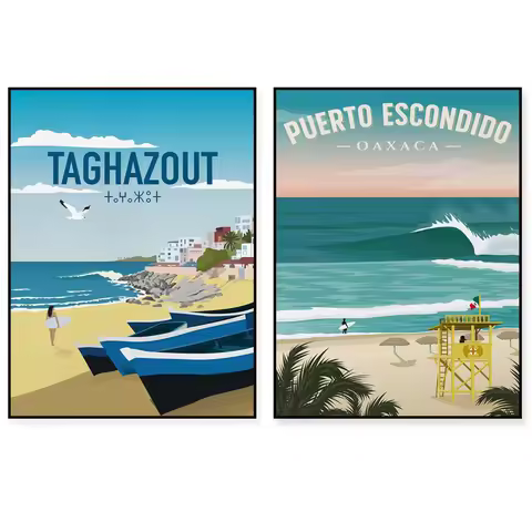 Surfing travel posters for Portugal, California, Uluwatu, Bali, Byron Bay, Puerto Rico, Hawaii, Corn