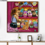 DIY Diamond Embroidery, Round Full Diamond beads Little girl and cat, sweet cakes rhinestone Diamond