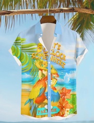 Its 5 Oclock Somewhere Parrot Mens Resort Hawaiian 3D Printed Shirt Button Up Short Sleeve Summer Be
