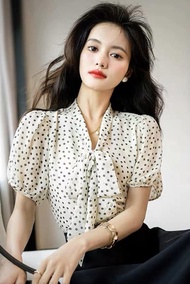 Áo Sơ Mi trung niên nữ U30 U40 U50Áo Sơ Mi Nữ Chấm Bi Cổ Nơ Dài Tay Ngắn HT_ Thời Trang Trung Niên