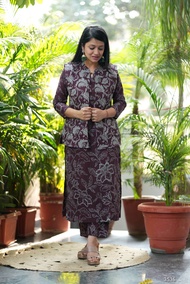 Winter Collection Pure ajrakh print Cotton Kurti Pant Set With Quilted printed cotton jacket Set dre