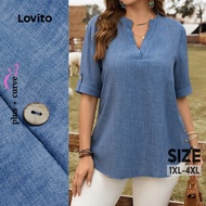 Lovito Plus Size Curve Blouse Casual Plain Button Basic Blouse for Women LBL18309