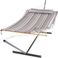 [Mian] เปลญวนเชือกคู่รวมขาตั้ง12ft งานหนักเปลเชือกคอตตอนแบบดั้งเดิม2คนพร้อมหมอนสำหรับด้านนอก