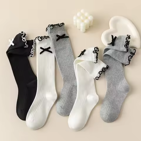 1 Pair Chic Simplicity Kids Girl Sock Sweet Fashion Bow Ruffle Bow Children Girl Calf Sock Spring Au