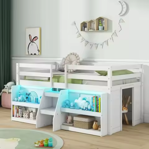 Low Loft Bed with LED Lights, Twin Loft Bed with Stairs & Safety Guardrail, Storage Bookcase and Und