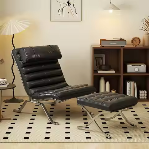 Modern Barcelona Leather Lounge Chair with Ottoman, Adjustable Reclining Accent Chair for Living Roo