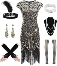 1920s Women Flapper Dresses Sequin Dresses Vintage Lace Fringed Cocktail Dress with 20s Accessories