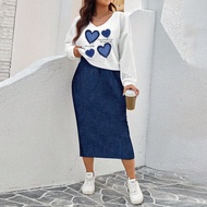 Plus Size Women Heart Print Sweatshirt Dress 2 Pieces Set, Casual For Autumn/Winter 2 Piece Sets Wom