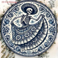 HELLOYOUNG 8x8 Inch 2D Flat Round Day Dead Aluminum Sign Sugar Skeleton Wreath Blue Floral Design We