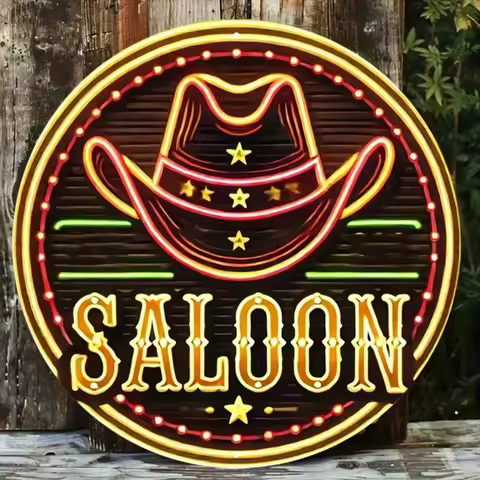 Neon Cowboy Hat Saloon Metal Sign – Vintage Western Wall Art for Bar & Beach Decor