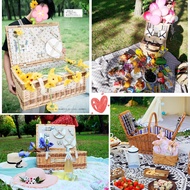 HY/🔥Picnic Basket Set Rattan Portable Outdoor Thermal Camping Food Storage Basket Double Four-Person Wicker Box with Lid
