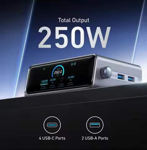 Anker Prime 250W USB-C Charger A2345, Ultra-Fast 6-Port GaN Charging Station, 2.26" LCD Display and