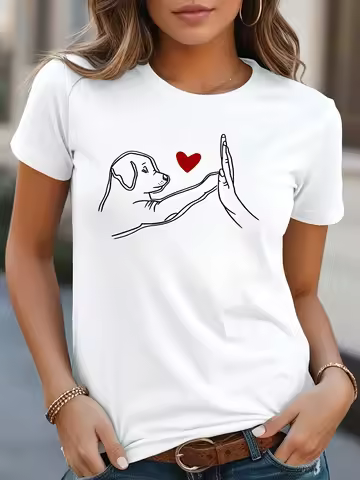 Women's Casual T-shirt with Heart-shaped Print Round Neck Short Sleeved Top and Short Sleeved Casual