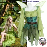 【Ready Stock】Medieval Elf Fantasy Dress Green Fairy Gown with Wings Halloween Cosplay Costume Enchan