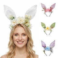 Easter Bunny Ears Floral Headband Bunny Ears Hairband for Women Girls Easter Hair Accessories