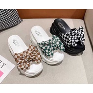 GS69 - WEDGES SLIP-ON SANDALS WITH VARIATIONS OF PLAID RIBBONS, SYNTHETIC MATERIAL, 7CM THICK HEELS 