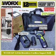 WORX 12V Brushless Cordless Impact Drill WU131 - Powerful Torque 30 N.m - 2pcs 2.0Ah Batteries - 1 Y