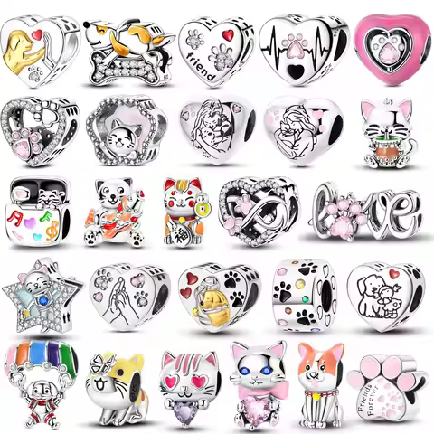 925 Sterling Silver Cats Dogs Cute Pets Animals Beads Charms Pendent Jewelry Fits 925 Original Brace