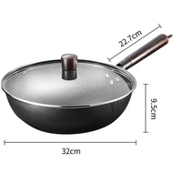 Konco handmade Iron wok with wooden handle Gas induction cookware non-stick cookware Chinese Traditional Frying Pan 32cm Cooking Pot Flat  Pan with lid