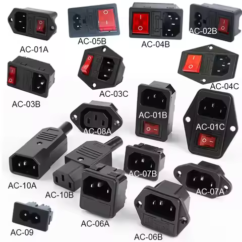 2 3 Pin IEC320 C14 Electrical Power Socket LED 250V Rocker Switch Brass 10A C6 Fuse Inlet Plug Conne