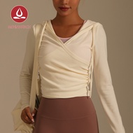 เสื้อกีฬาแบบมีฮู้ดพีชเคลื่อนไหวได้สำหรับผู้หญิงแขนยาวโยคะเสื้อครอปท็อปเข้ารูปพอดีเสื้อออกกำลังกายคอว