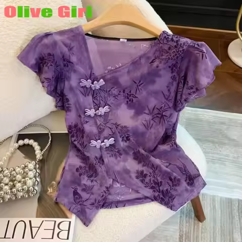 Qipao Top Green Tie Dye Lace Shirt Women's Summer Cheongsams Diagonal V-neck Short Sleeved Shirt Mes