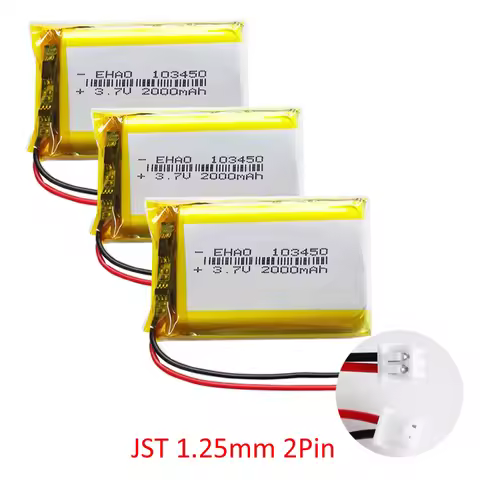 3PCS 3.7V 2000mAh Lipo Polymer Lithium Rechargeable Battery + jst 1.25mm 2pin Plug 103450 For MP3 GP