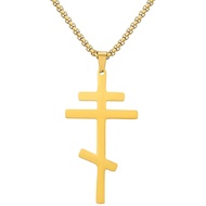 Orthodox Cross Pendant Necklace, Gold-Tone Stainless Steel Chain, Byzantine Religious Crucifix, Smal