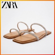 ZARA Summer New Silver Rhinestone Temperament Thin Strap Square Toe Open Toe Outwear Flat Shoes